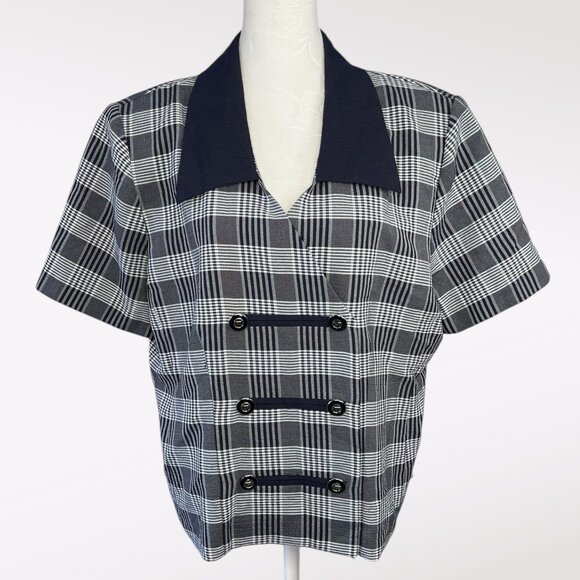 Vintage Sag Harbor Double Breasted Plaid Short Sleeve Blouse Size 16 Petite - Picture 1 of 10